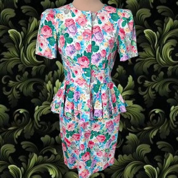 Vintage Dresses & Skirts - Vintage JT Petites Sz 12 80s Colorful Tea Party Peplum Cottage Wiggle Dress